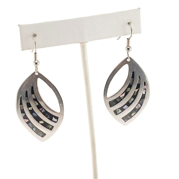 Sterling Silver Abalone Shell Inlay Leaf Shaped Dangle Earrings Abalone Inlay Ea - Picture 8 of 9